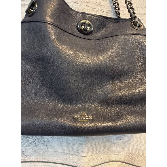 Coach Turnlock Edie Shoulder Bag Purse Dark blue pebbled Leather - Picture 2 of 8